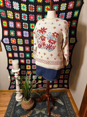 Vintage Jamie Watson 100% Cotton Scottish Folk Floral Knit Sweater Size 1